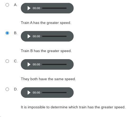 Two trains are traveling at a constant rate. Which train has the greater speed?-example-3