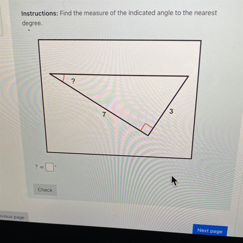 Instructions: Find the measure of the indicated angle to the nearest degree. ? ? 3 7 ?-example-1