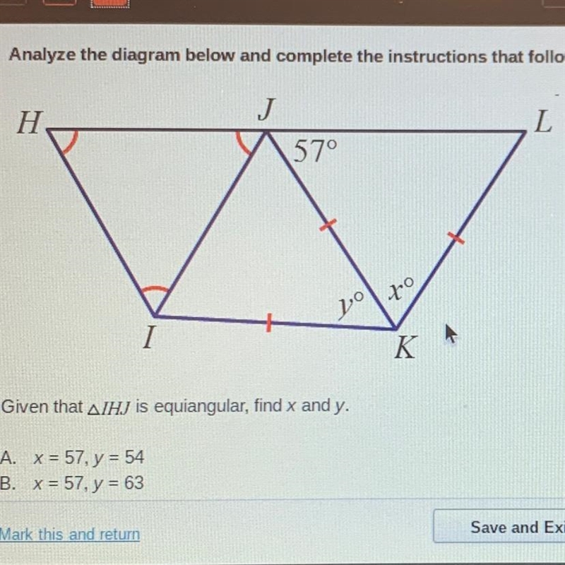 Given that AlHJ is equiangular, find x and y. A. X = 57, y = 54 B. X = 57, y = 63 C-example-1