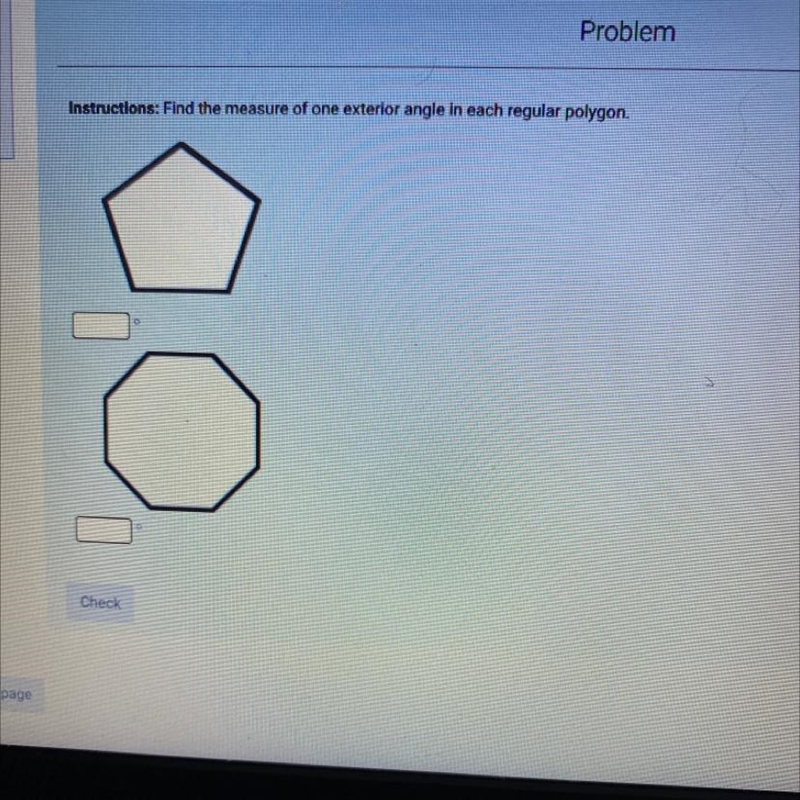 Find measure of one exterior angle in each regular polygon-example-1