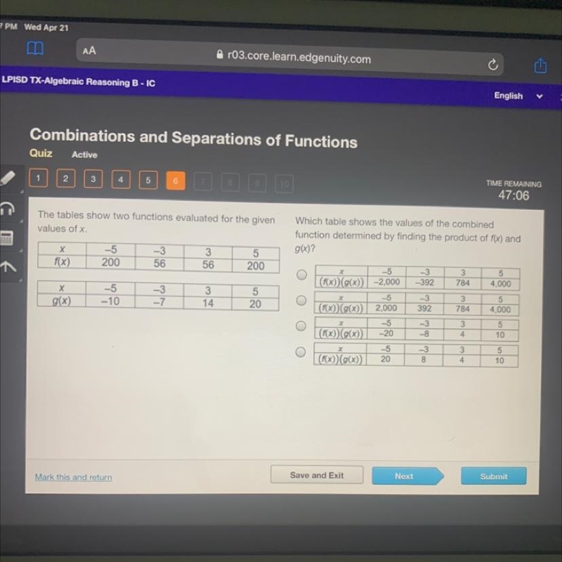 HURRY PLEASE!!!!! The tables show two functions evaluated for the given values of-example-1