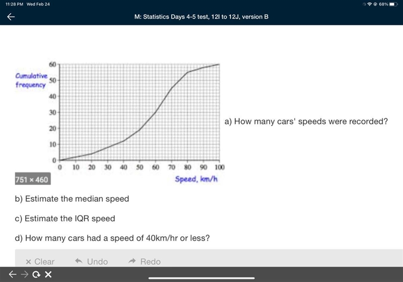 A) How many cars' speeds were recorded? b) Estimate the median speed c) Estimate the-example-1