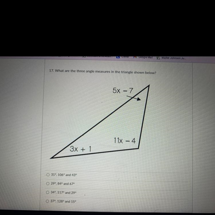 17. What are the three angle measures in the triangle shown below?-example-1