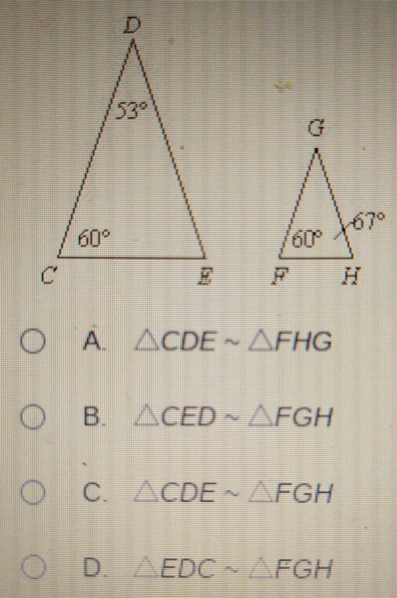 Look at picture. Choose a similarity statement for the triangles. Be sure the correct-example-1