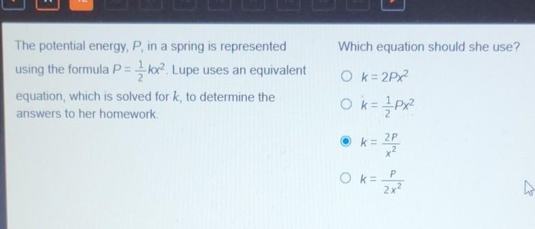 Which equation should she use? NO k= 2PX? Ok= -px? Ok= 2 X​-example-1