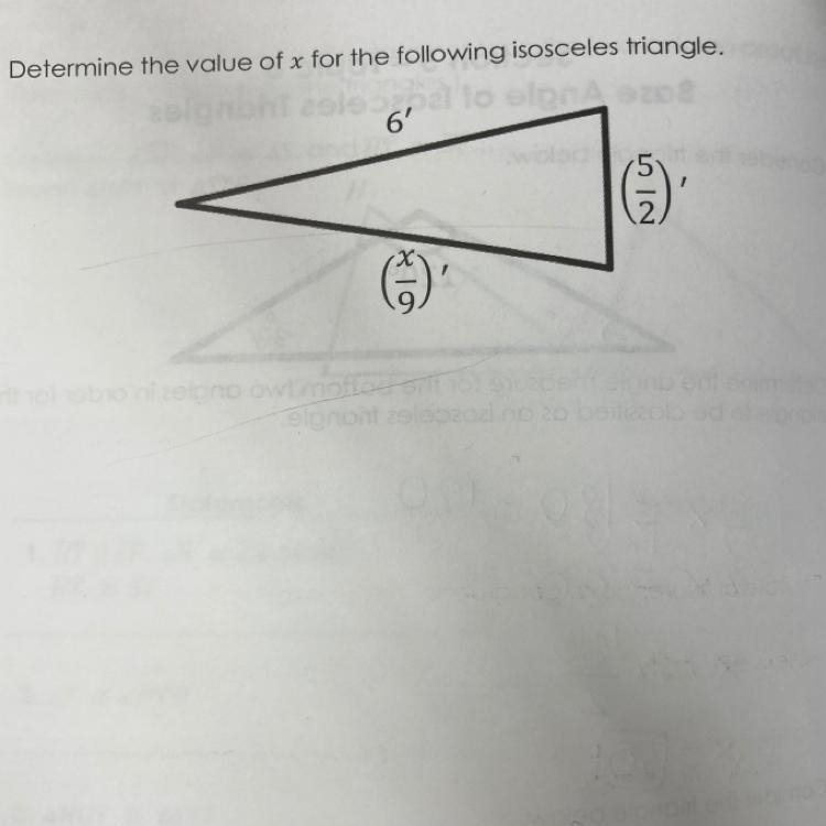 Determine the value of x for the following isosceles triangle.-example-1