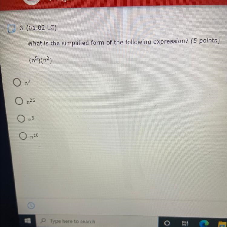 What is the simplified form of the following expression? (5 points) (n5)(n) On? n-example-1