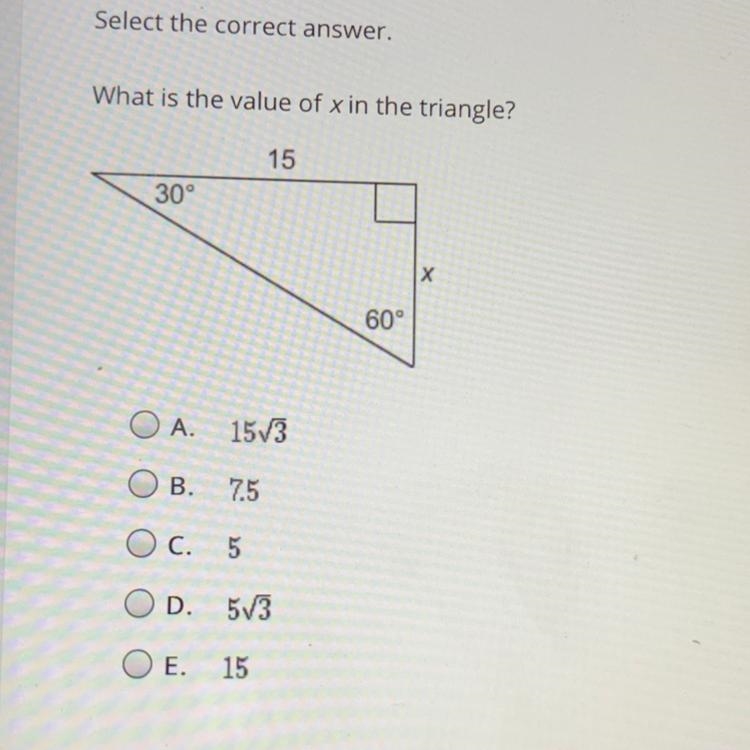 Select the correct answer. What is the value of x in the triangle?-example-1