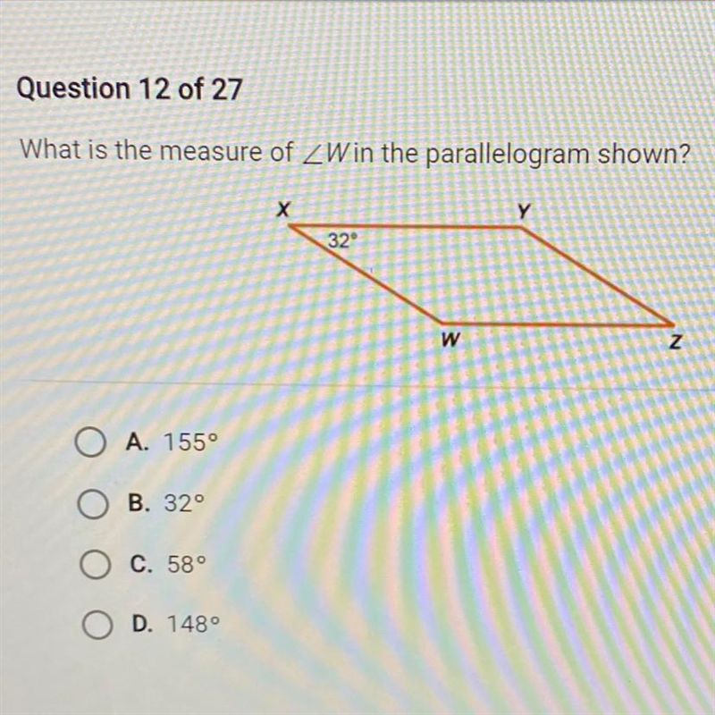 What is the measure of W the parallelogram shown? 32° O A. 155° O B. 32° O C. 58° O-example-1