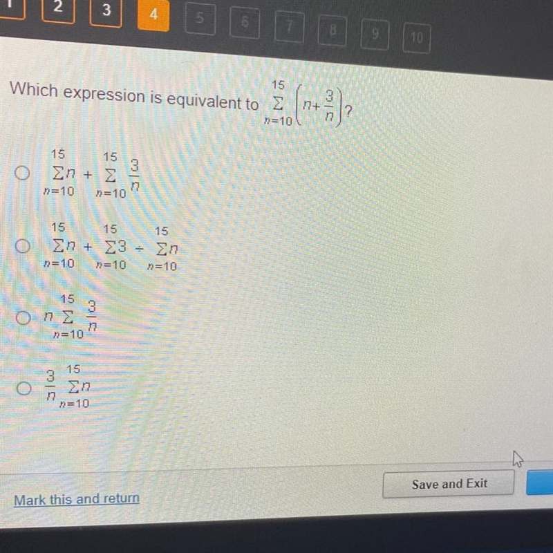 HURRYYY Which expression is equivalent to E 1 (3), n=10 15 15 3 Ση + Σ =10 η = 10 31 O-example-1