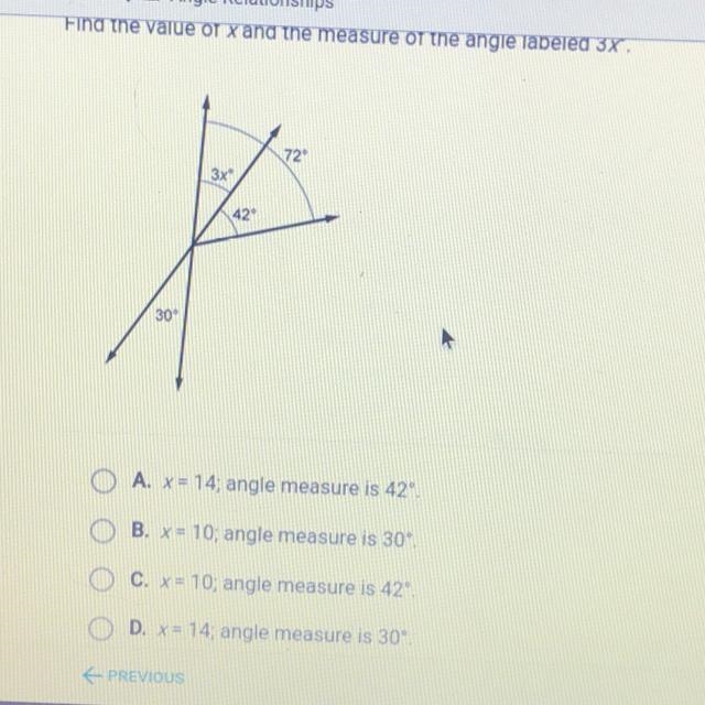 Find the value of x and the measure of the angle labeled 3xº. 72° 3x 42° 30° I really-example-1