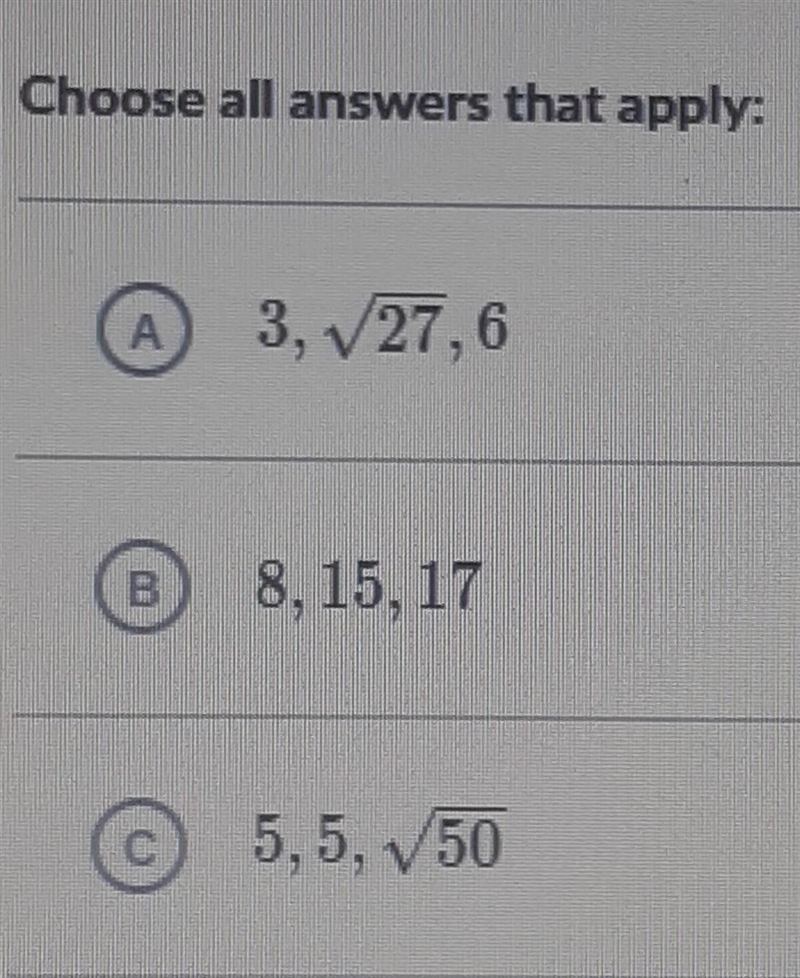 Which side lengths form a right triangle?​-example-1