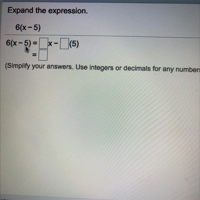 DUE TOMORROW Expand the expression. 6(x-5)-example-1