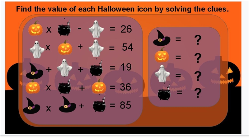 What are the values of each Halloween icon? (Math Logic Puzzles) (78 POINTS)-example-1