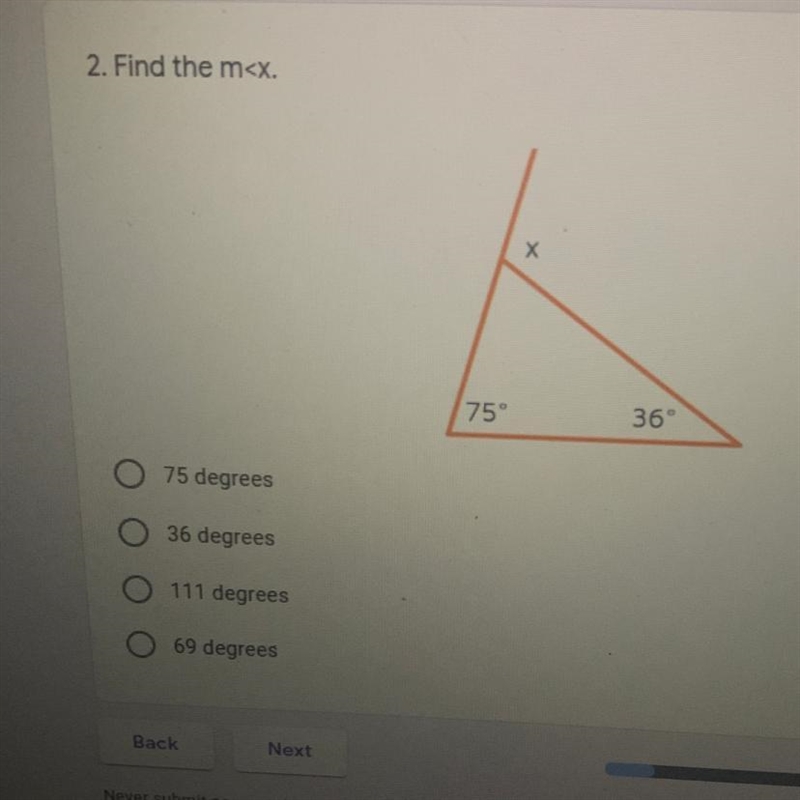 Find m a. 75 b. 36 c. 111 d. 69-example-1