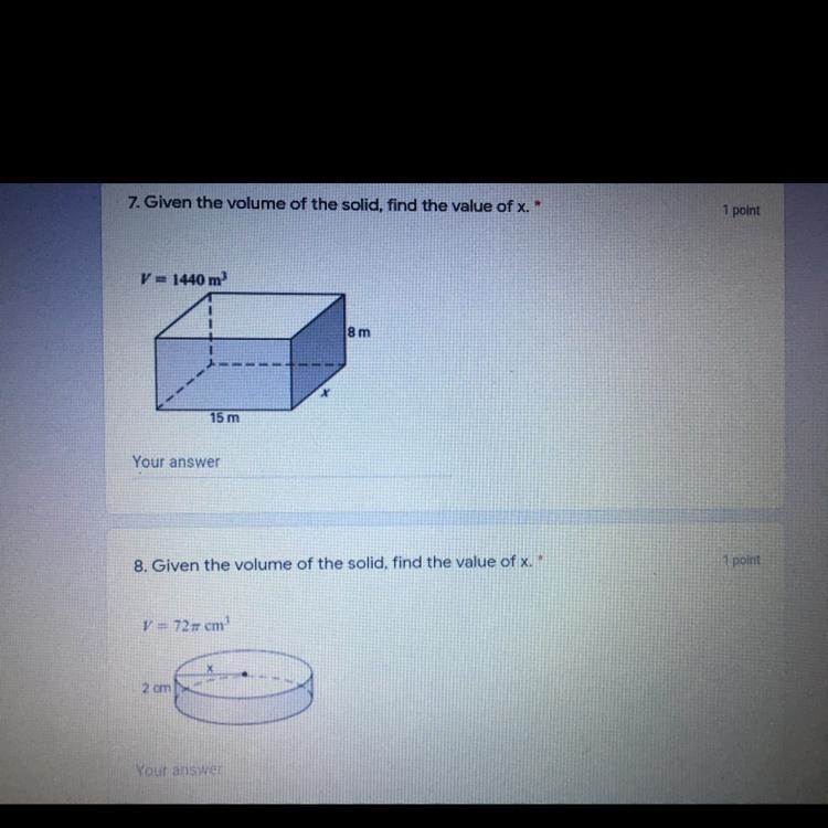 Given the volume of the solid, find the value of x. Questions 7, and 8.-example-1