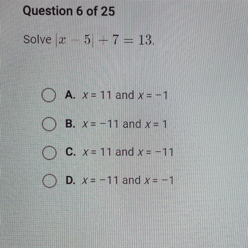 Solve |x- 5| + 7 = 13-example-1