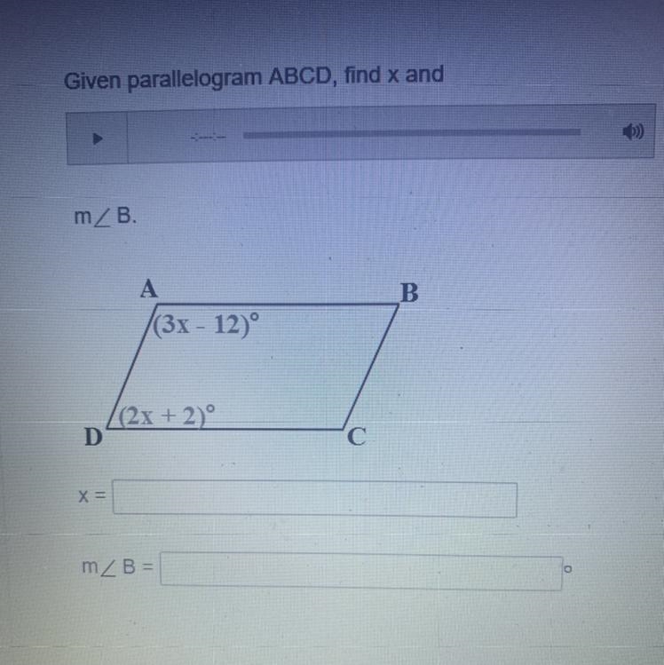 Given parallelogram ABCD, find x and m< B-example-1