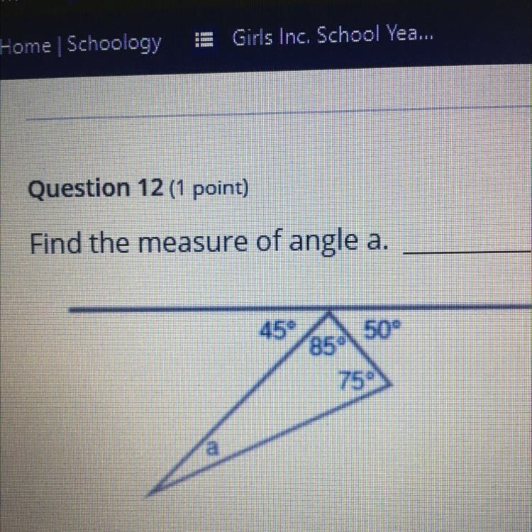 Find the measure of angle a. 45° 50° 85 75°-example-1