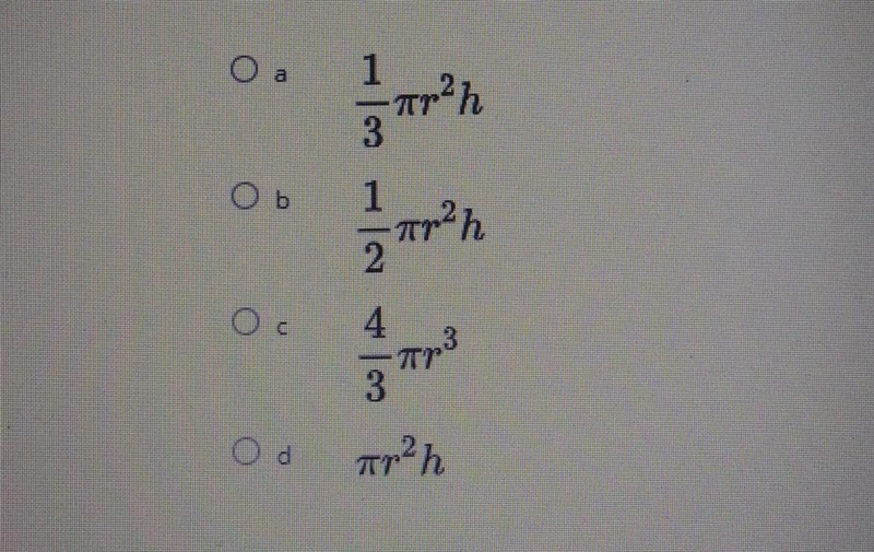 Which of the following formulas is NOT used for finding the volume of sphere, cylinder-example-1