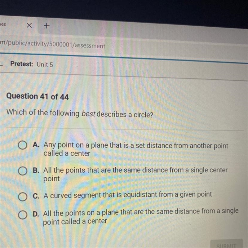 Which of the following best describes a circle? O A. Any point on a plane that is-example-1