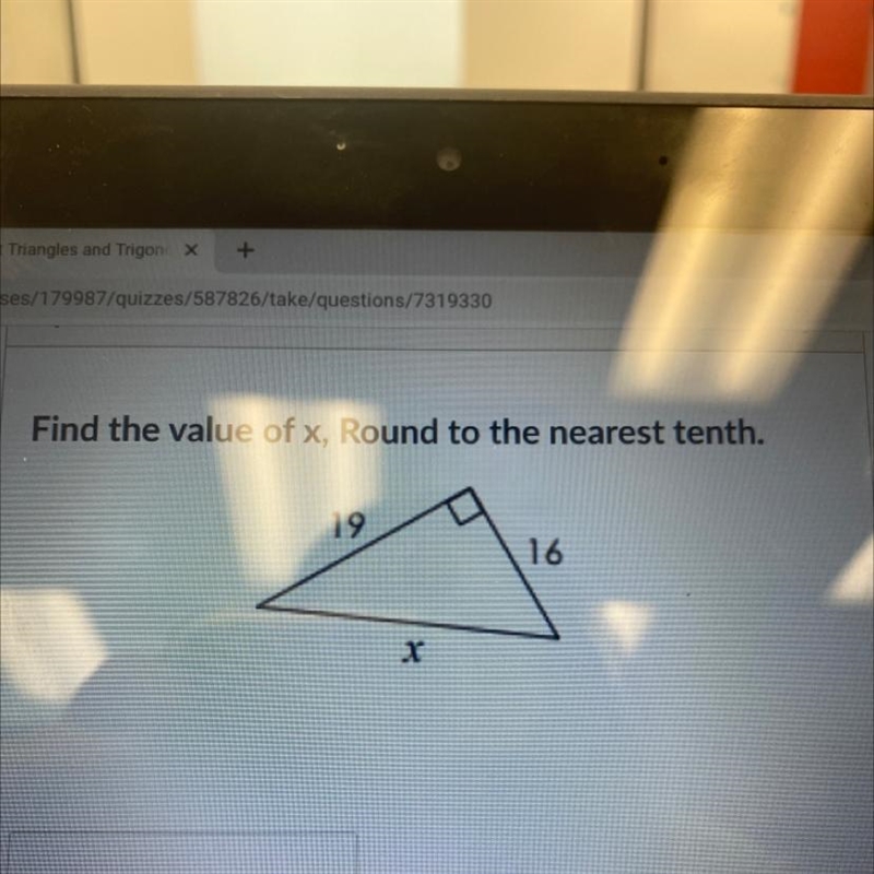 Find the value of x, Round to the nearest tenth. 19 16 X-example-1