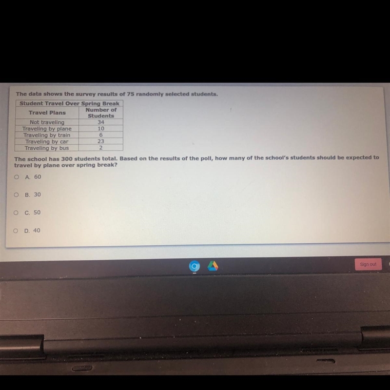 The data shows the survey results of 75 randomly selected students. Student Travel-example-1