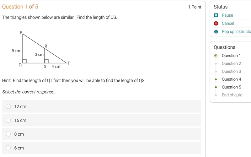 The triangles shown below are similar. Find the length of QS.-example-1