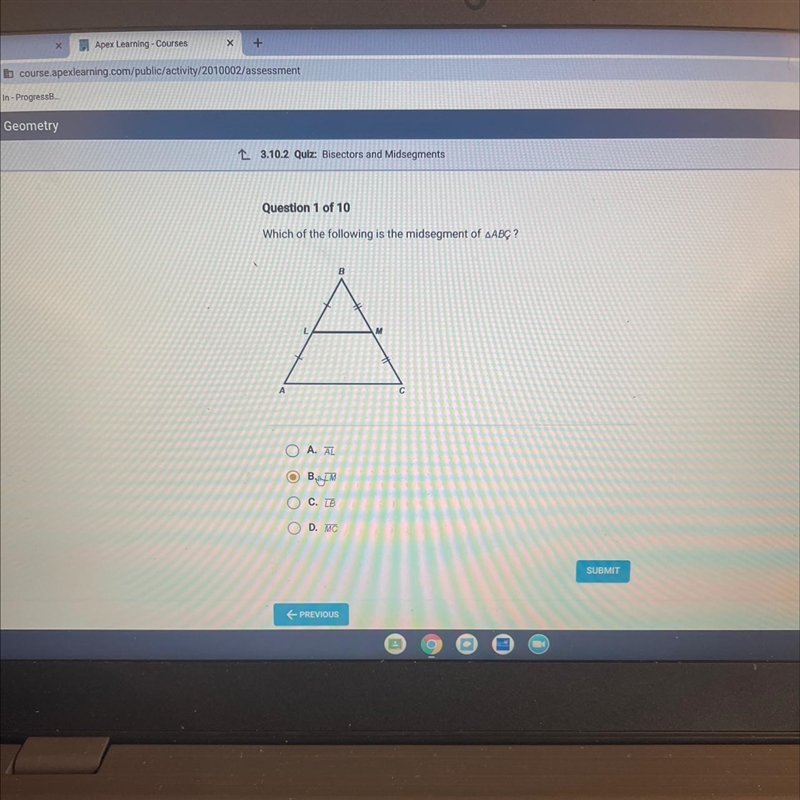 Which of the following is the midsegment of triangle ABC ? Α. AL B. LM C. LB D. MC-example-1