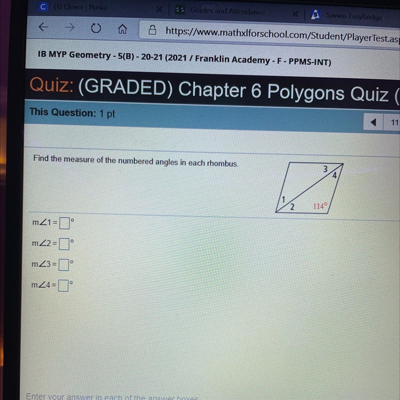 Find the measure of the numbered angles in each rhombus.-example-1