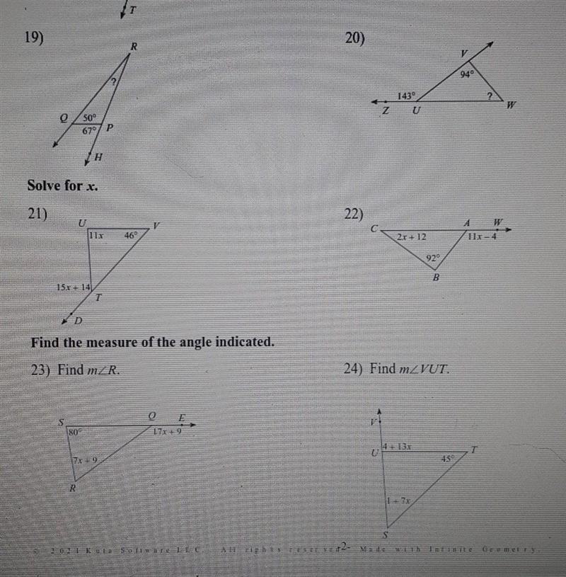 For numbers 19 and 20 you have to solve for the missing angle.​-example-1