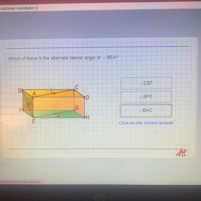 Which of these is the alternate interior angle of BEA?-example-1