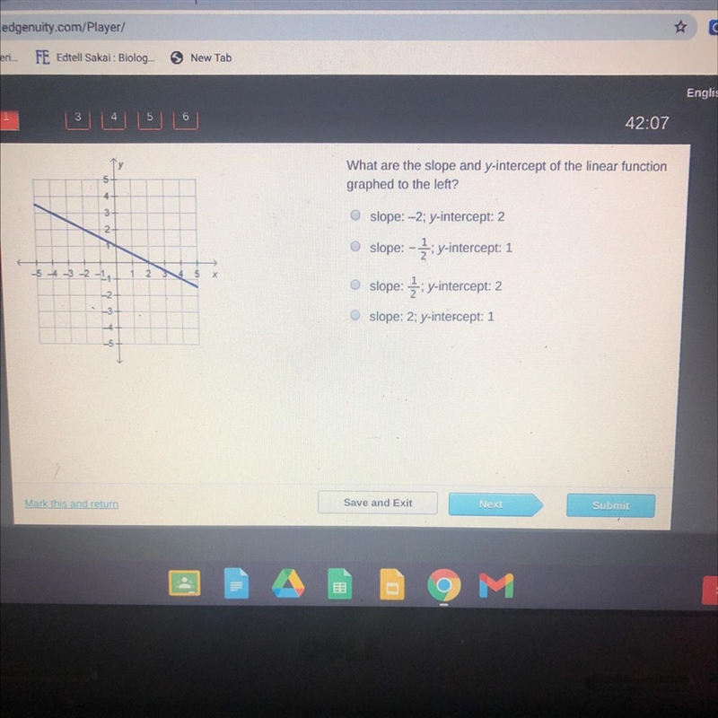 What are the slope and y-intercept of the linear function graphed to the left?-example-1