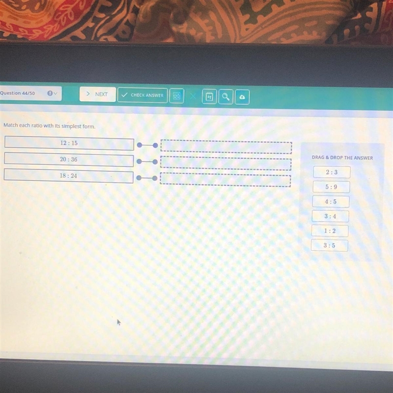 44 Match each ratio with its simplest form. 12:15 20:36 18:24 Pls answer ASAP I need-example-1