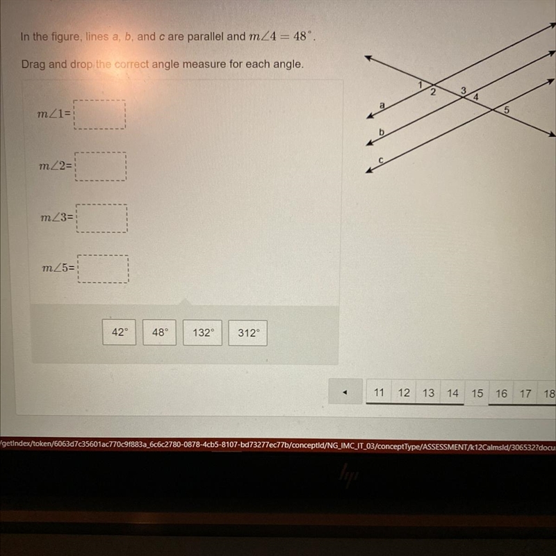 In the figure, lines a, b, and c are parallel and mZ4 = 48°. Drag and drop the correct-example-1