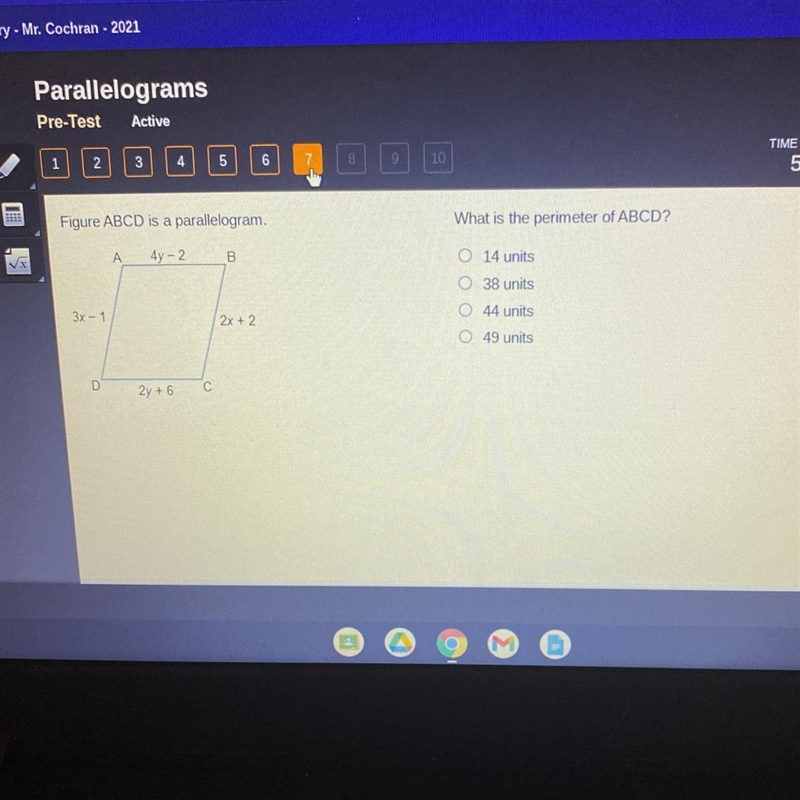 Figure ABCD is a parallelogram. What is the perimeter of ABCD? A 4y - 2 B 14 units-example-1