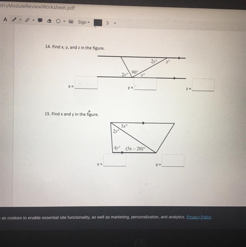 14. Find x, y, and z in the figure. 900 2ནས་ 15. Find x and y in the figure. 3 4y-example-1