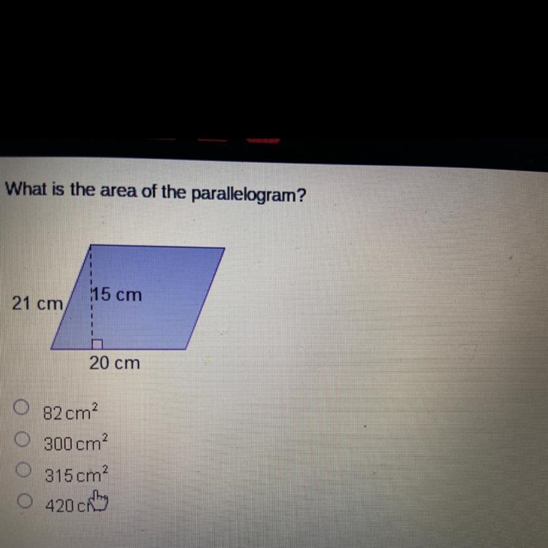 What is the area of the parallelogram? 1 115 cm 21 cm 1 20 cm-example-1