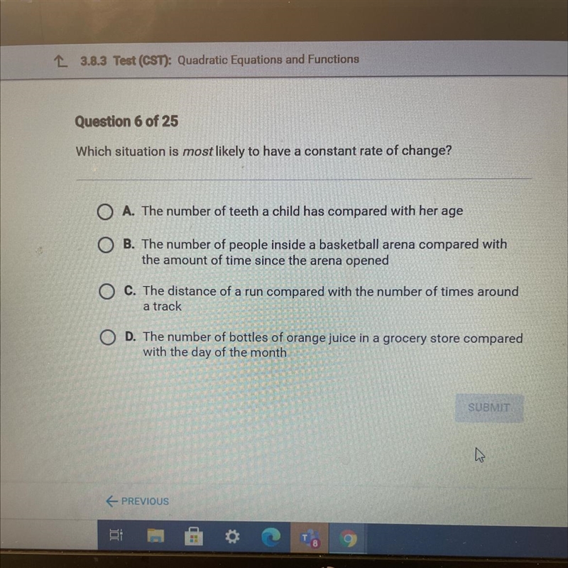 Which situation is most likely to have a constant rate of change?-example-1