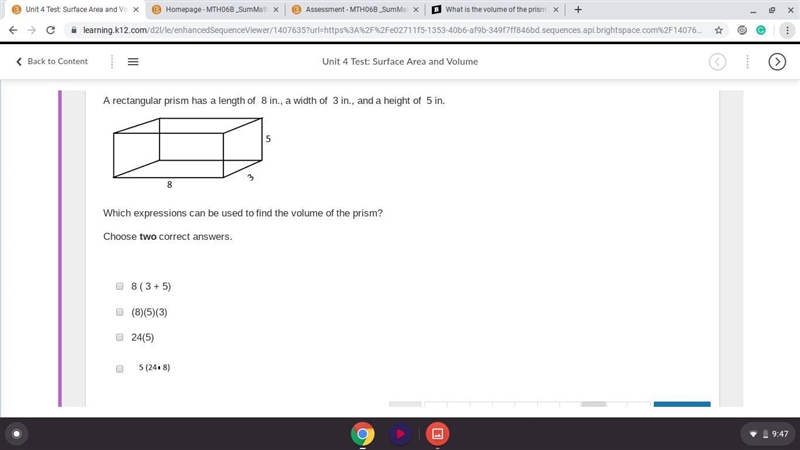 Which expressions can be used to find the volume of the prism?-example-1