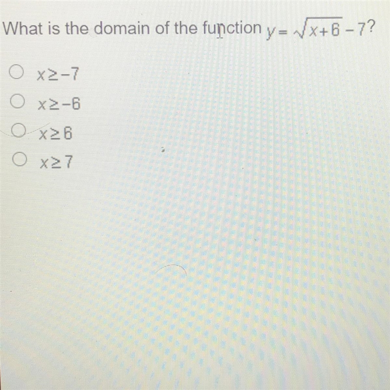 What is the domain of the function y= (square root) x+6-7-example-1