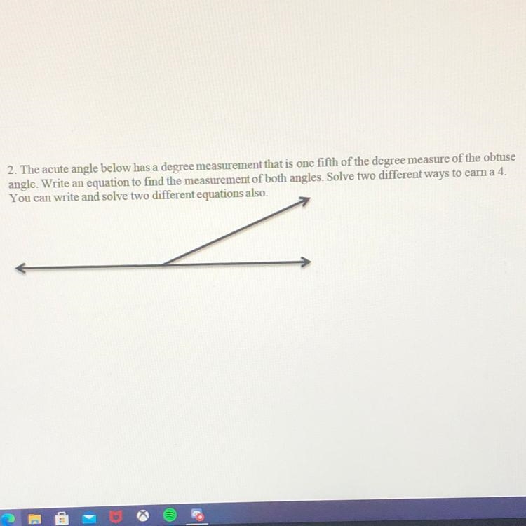 2. The acute angle below has a degree measurement that is one fifth of the degree-example-1