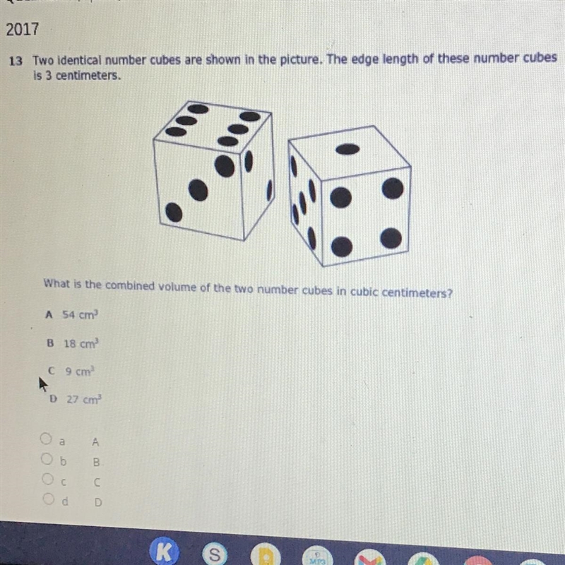 2017 13 Two identical number cubes are shown in the picture. The edge length of these-example-1