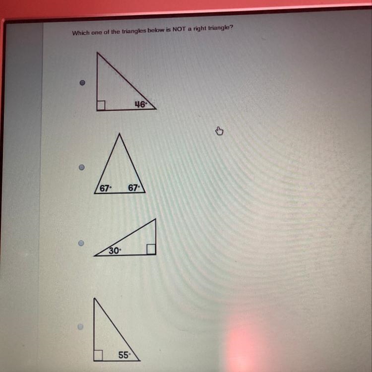 Which one of the triangles below is NOT a right triangle-example-1