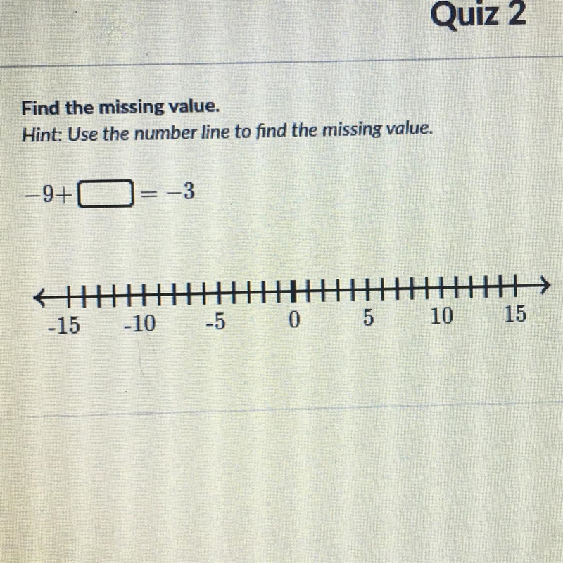 Find the missing value. Hint: Use the number line to find the missing value. —9+ -- —3 主 -15 -10 -5 0 5 10 15-example-1