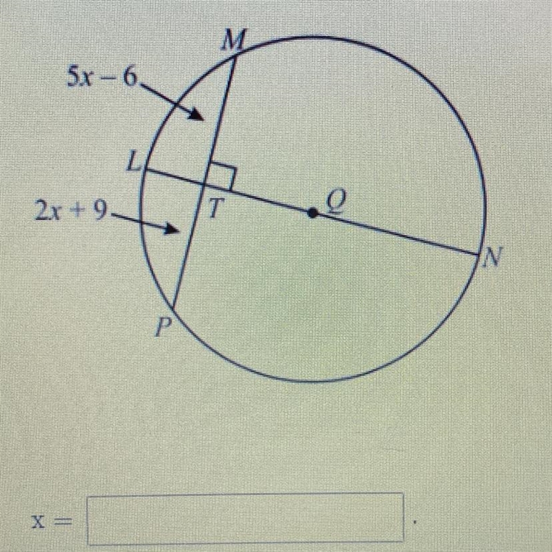 Find the value of x in OQ. 5x-6 2x+9 Need help with this question asap!!-example-1