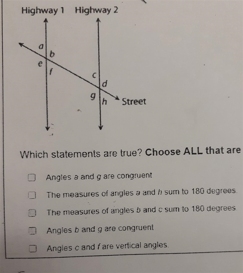 Two parallel highways are crossed by a street, as shown below. Which statements are-example-1