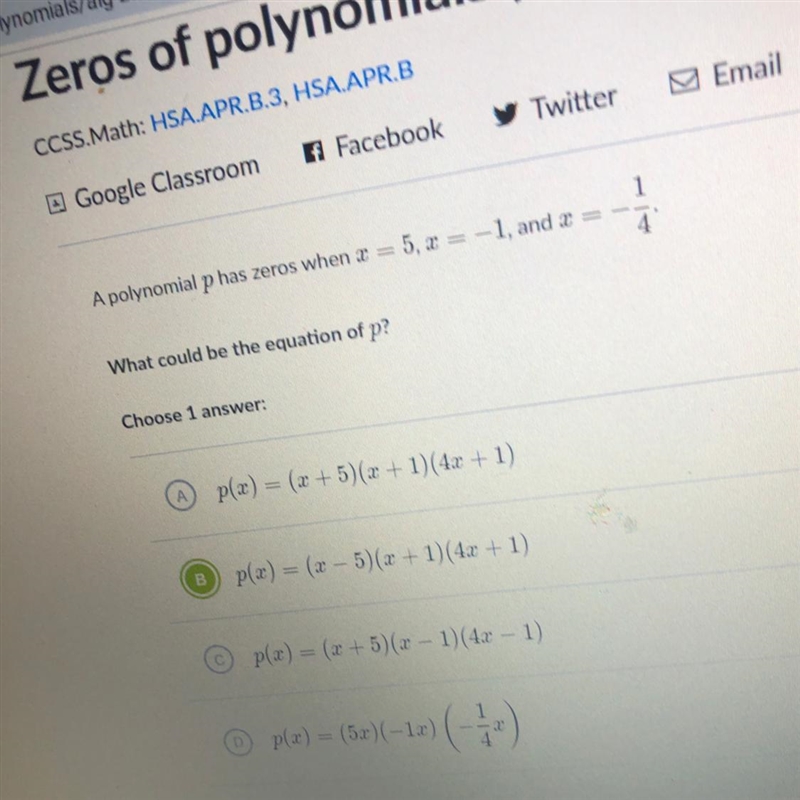 A polynomial p has zeros when x = 5,2 = -1, and 2 1 4 What could be the equation of-example-1