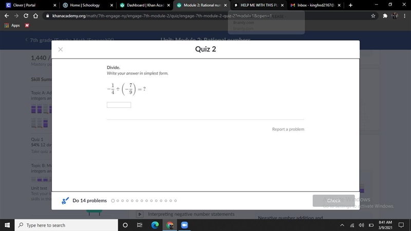 -1/4 ÷ (-7/9) = in simplest form? Could anyone help! 'DON'T PUT ANY ANSWER JUST TO-example-1