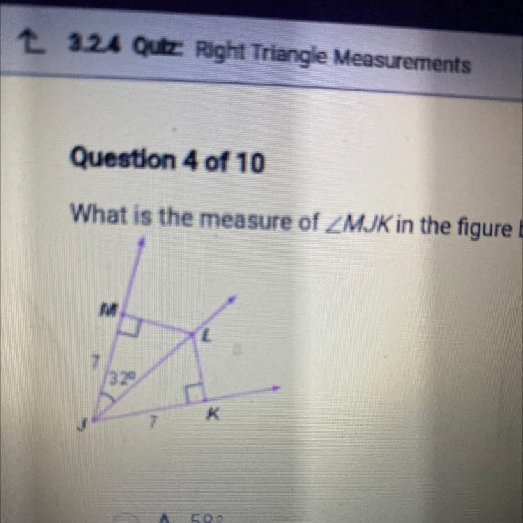 What is the measure of ZMJK in the figure below? M 2 7 320 7 K O A. 58 B. 64 O C. 32 O-example-1